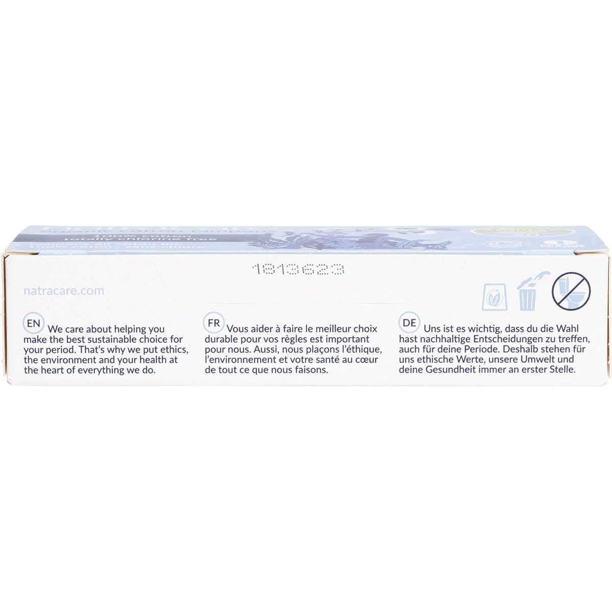Side view of Natracare Regular Tampons 20 pack box showing GOTS organic and plastic-free certification logos.