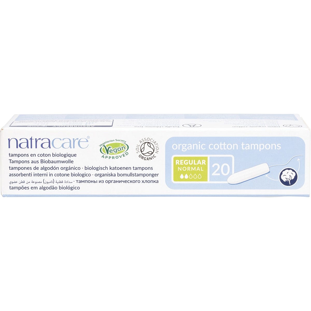 Back of Natracare Regular Tampons 20 pack showing 100% organic cotton ingredients and plastic-free disposal information.