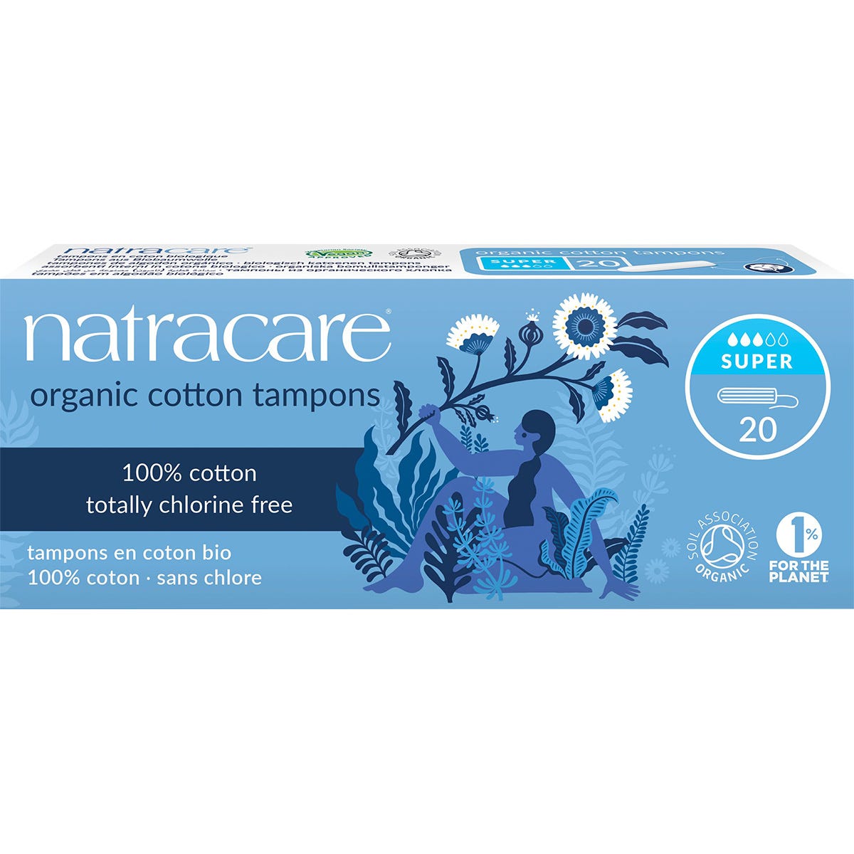 Box of 20 Natracare super non-applicator tampons made from 100% organic cotton on a white background.