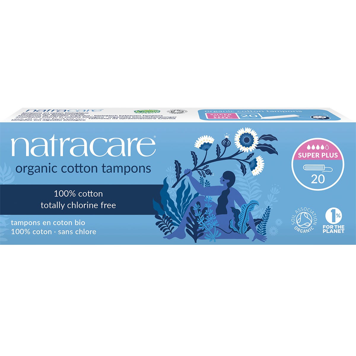 Natracare Super Plus 20-pack of non-applicator tampons made from 100% certified organic cotton in a purple and white box.