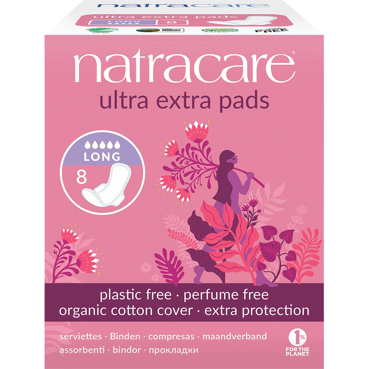 Natracare Ultra Extra Long Pads with wings 8 pack featuring an organic cotton cover and plastic-free materials.