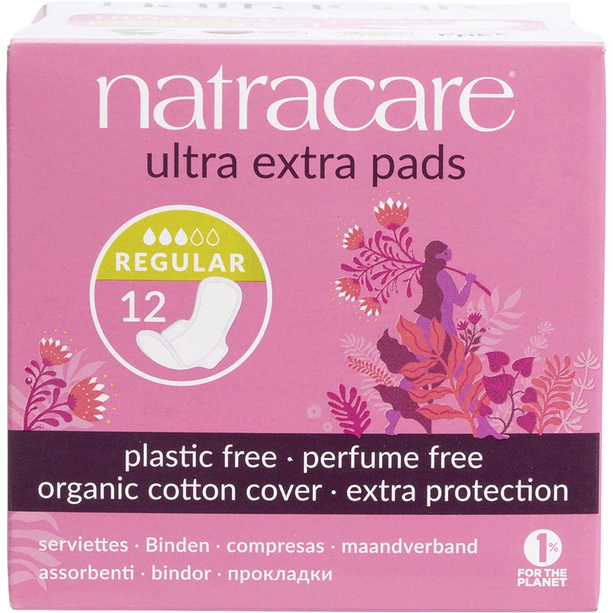 12-pack of Natracare Ultra Extra regular pads with wings in a white and yellow box with an organic cotton illustration.