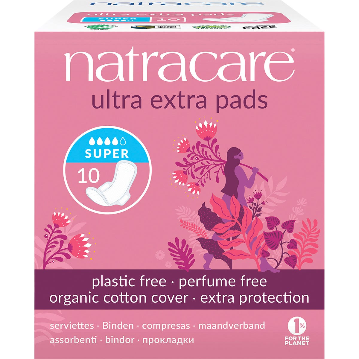 Natracare Ultra Extra Pads Super with Wings 10 pack box featuring organic cotton and plastic-free materials.
