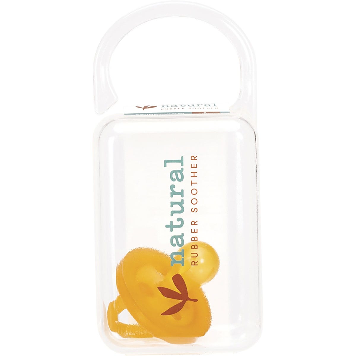 Large, round natural rubber pacifier for babies 6 months and up, featuring a one-piece design on a white background.