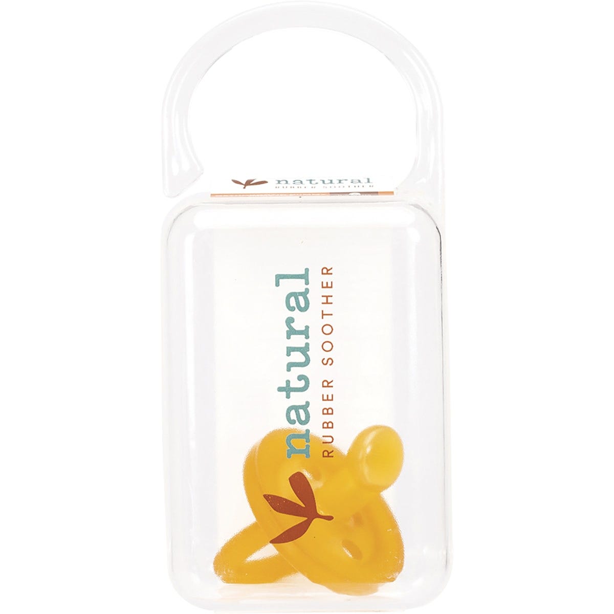 Single-piece natural rubber orthodontic soother for infants 0-6 months with a round shield and easy-grip handle.