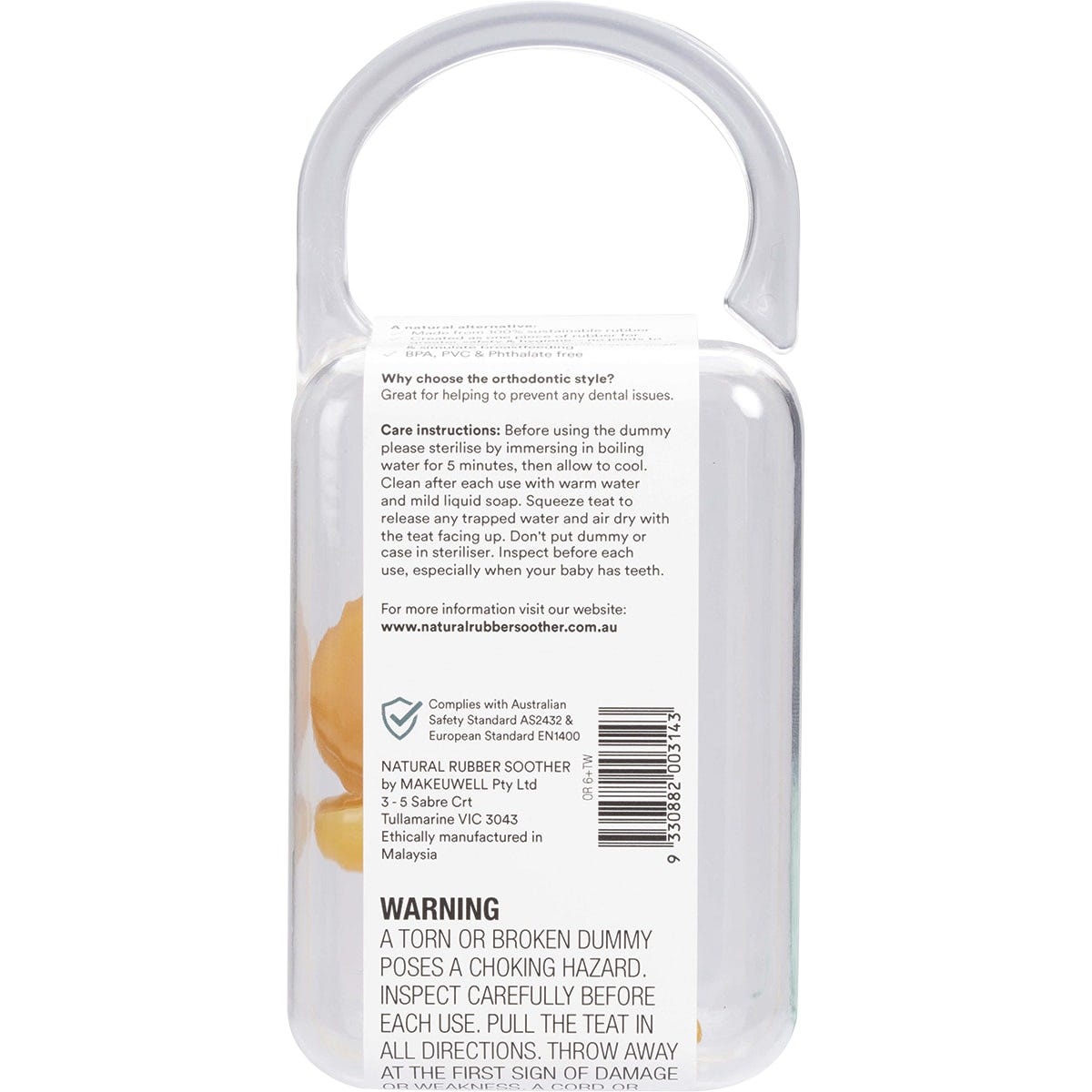 Natural rubber orthodontic soothers for 6+ months, featuring a large round shield and single-piece design.