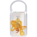 Pack of two natural rubber soothers with large rounded shields for babies 6 months and older.