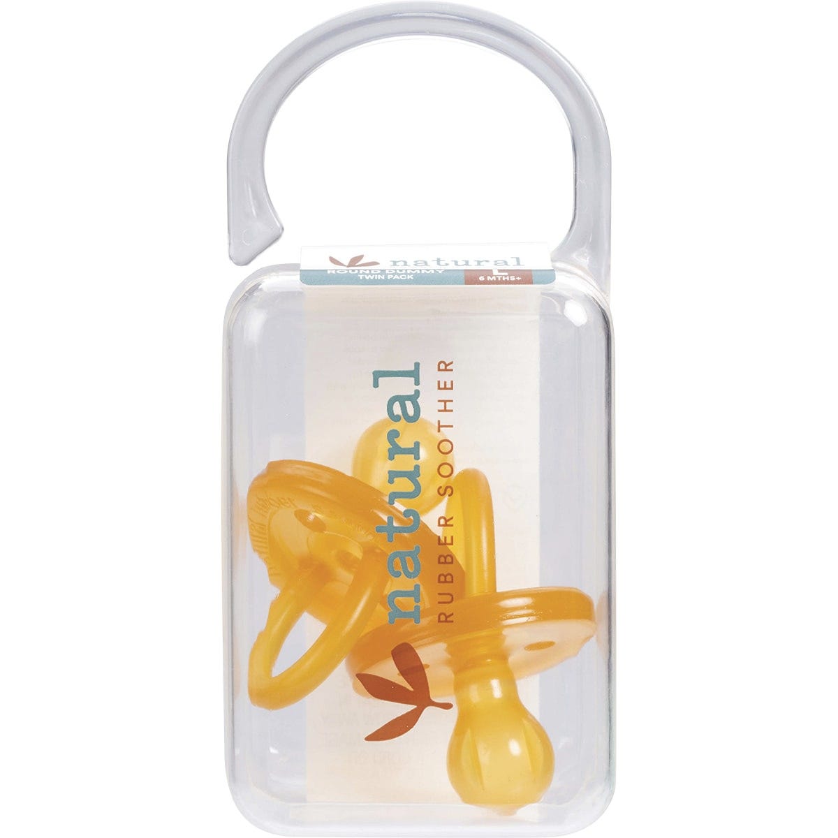 Pack of two natural rubber soothers with large rounded shields for babies 6 months and older.