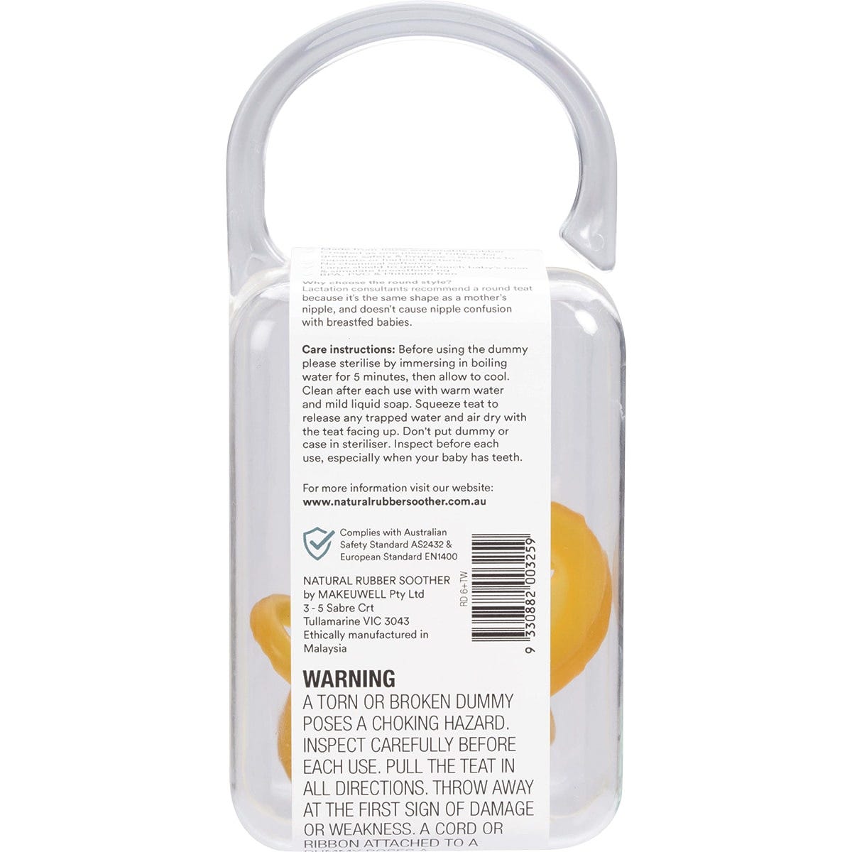 Two natural rubber soothers with rounded teats and large shields for babies 6 months and older.
