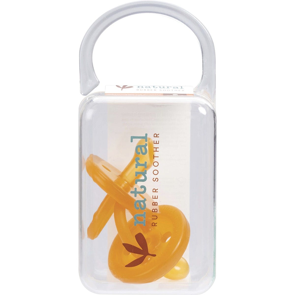 Twin pack of small natural rubber orthodontic soothers for ages 0-6 months in a clear storage container.