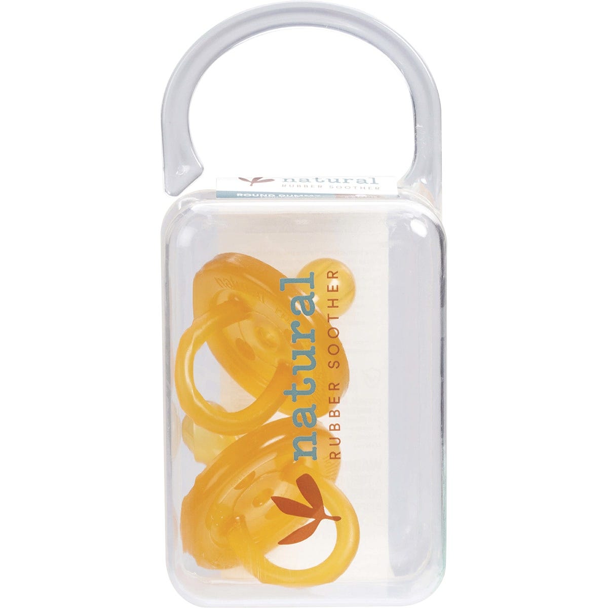 Twin pack of two natural rubber soothers with rounded shields and nipples for babies aged 0-3 months.