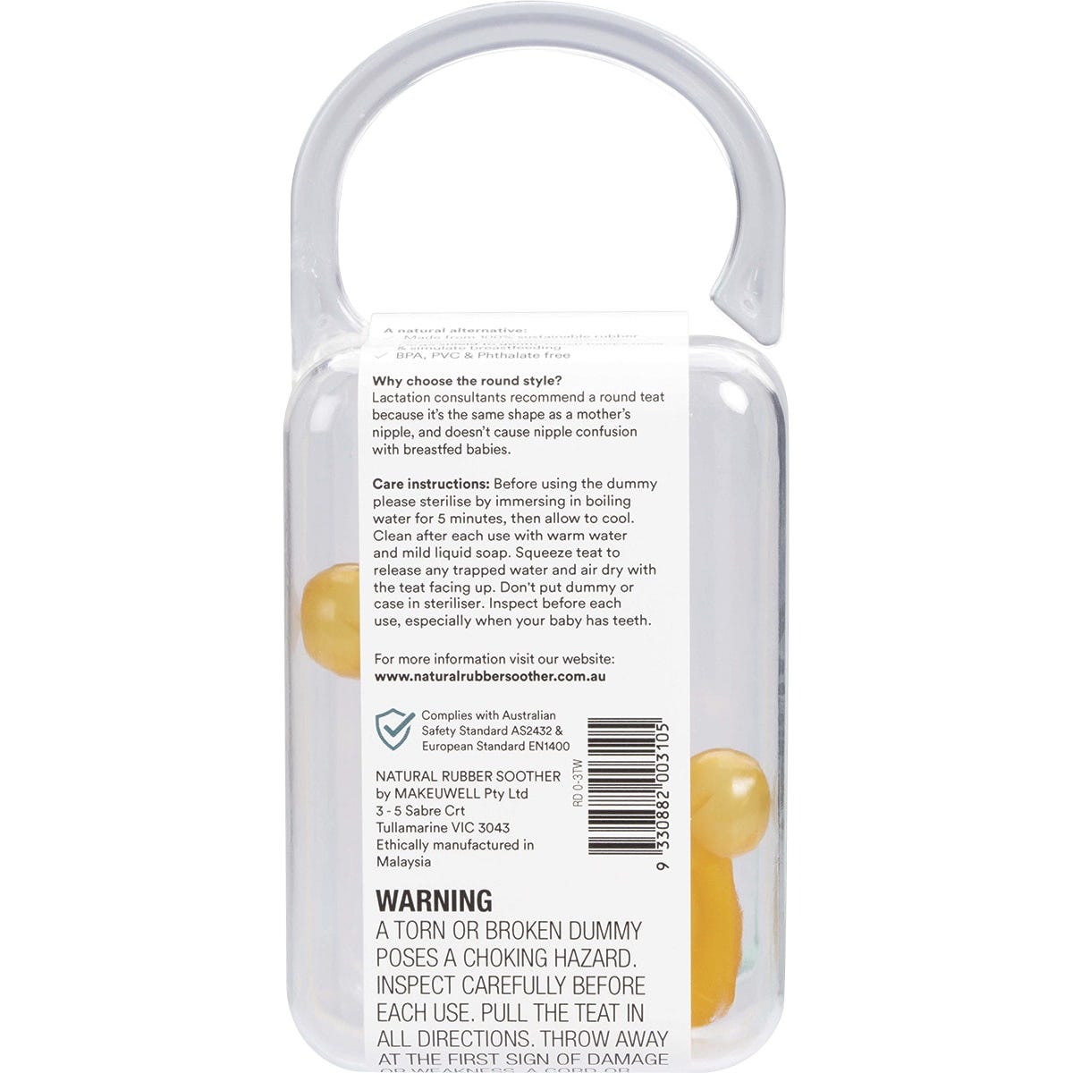 Two round natural rubber soothers for babies 0-3 months in clear packaging on a white background.