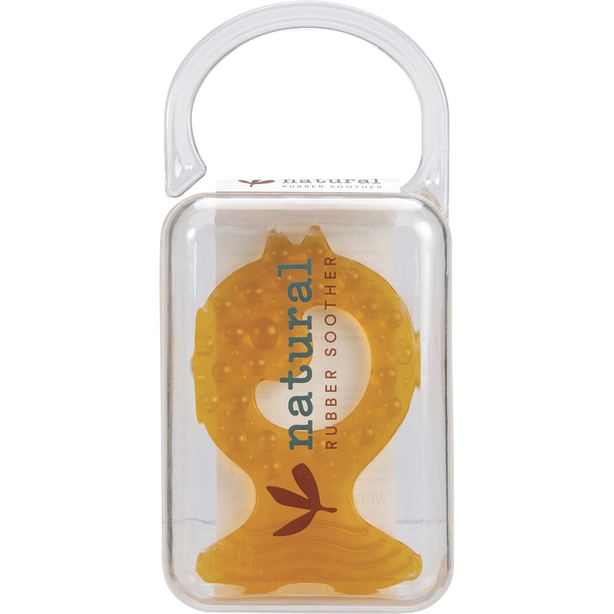 Natural rubber fish-shaped teether with a textured surface for soothing baby's gums on a white background.