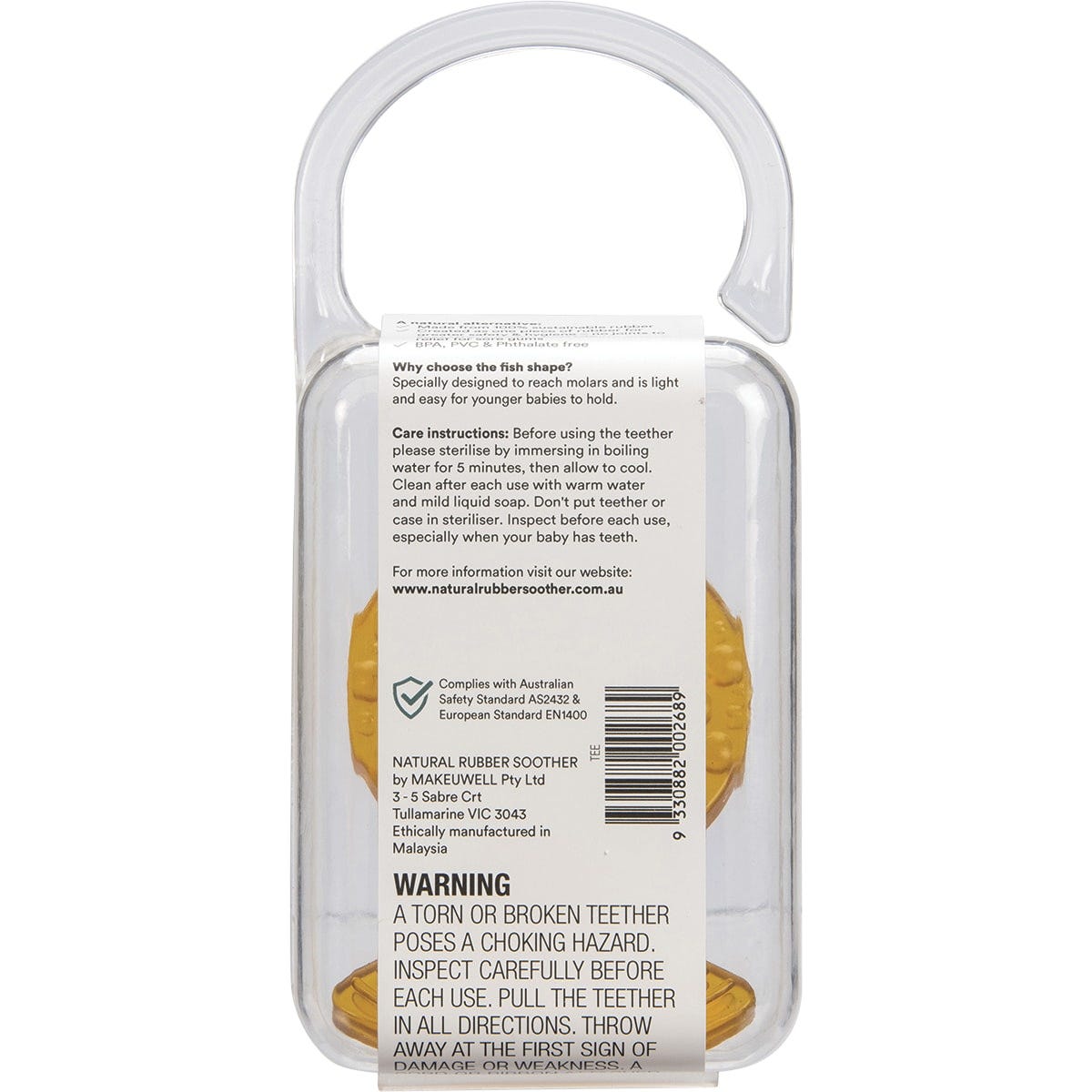 Two natural rubber fish-shaped teethers in a clear protective storage case on a white background.