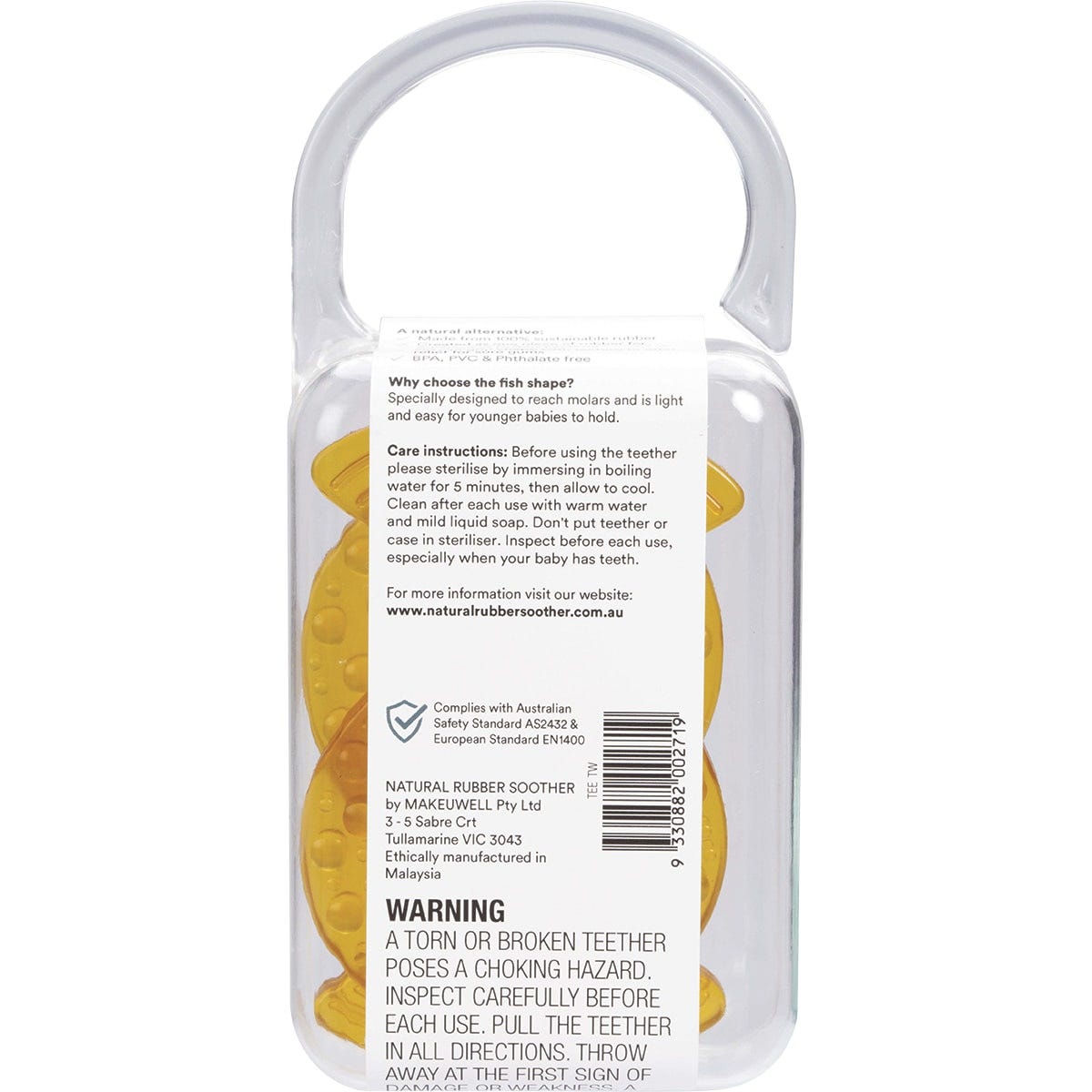 Two fish-shaped natural rubber teethers inside a clear plastic reusable storage case on a white background.