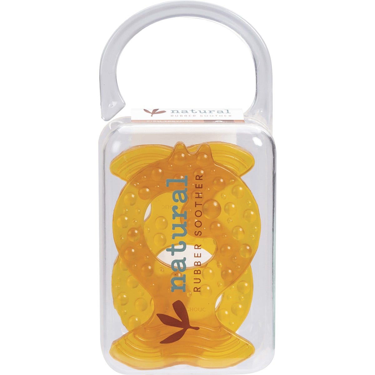 Twin pack of fish-shaped natural rubber teethers for babies on a clean white background.