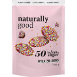 Naturally Good Mylk Zillions 135g pack of 6 featuring candy-coated vegan chocolate drops with 50% less sugar.