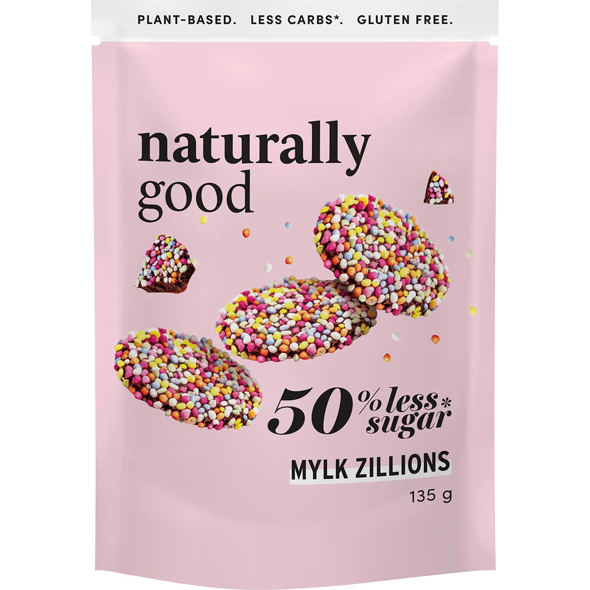 Naturally Good Mylk Zillions 135g pack of 6 featuring candy-coated vegan chocolate drops with 50% less sugar.