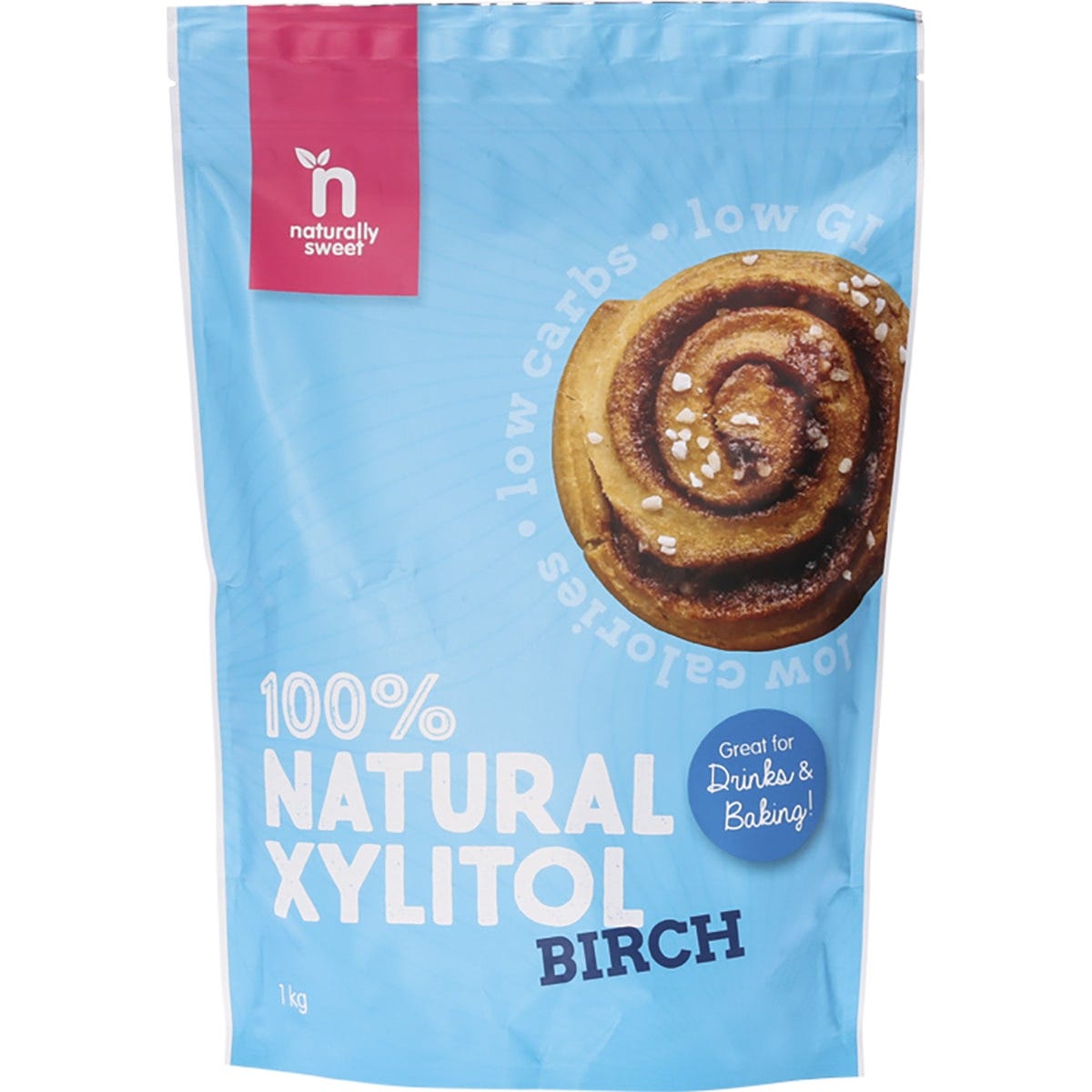 1kg resealable pouch of Naturally Sweet Birch Xylitol, a 100% natural sweetener and sugar alternative.