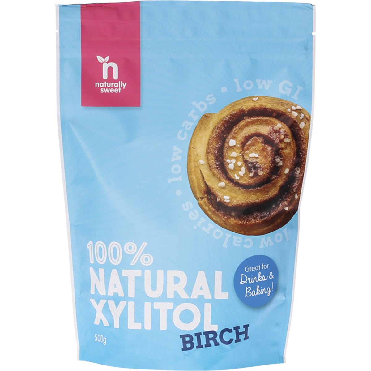 Naturally Sweet Birch Xylitol 500g resealable bag featuring a green and white label on a white background.