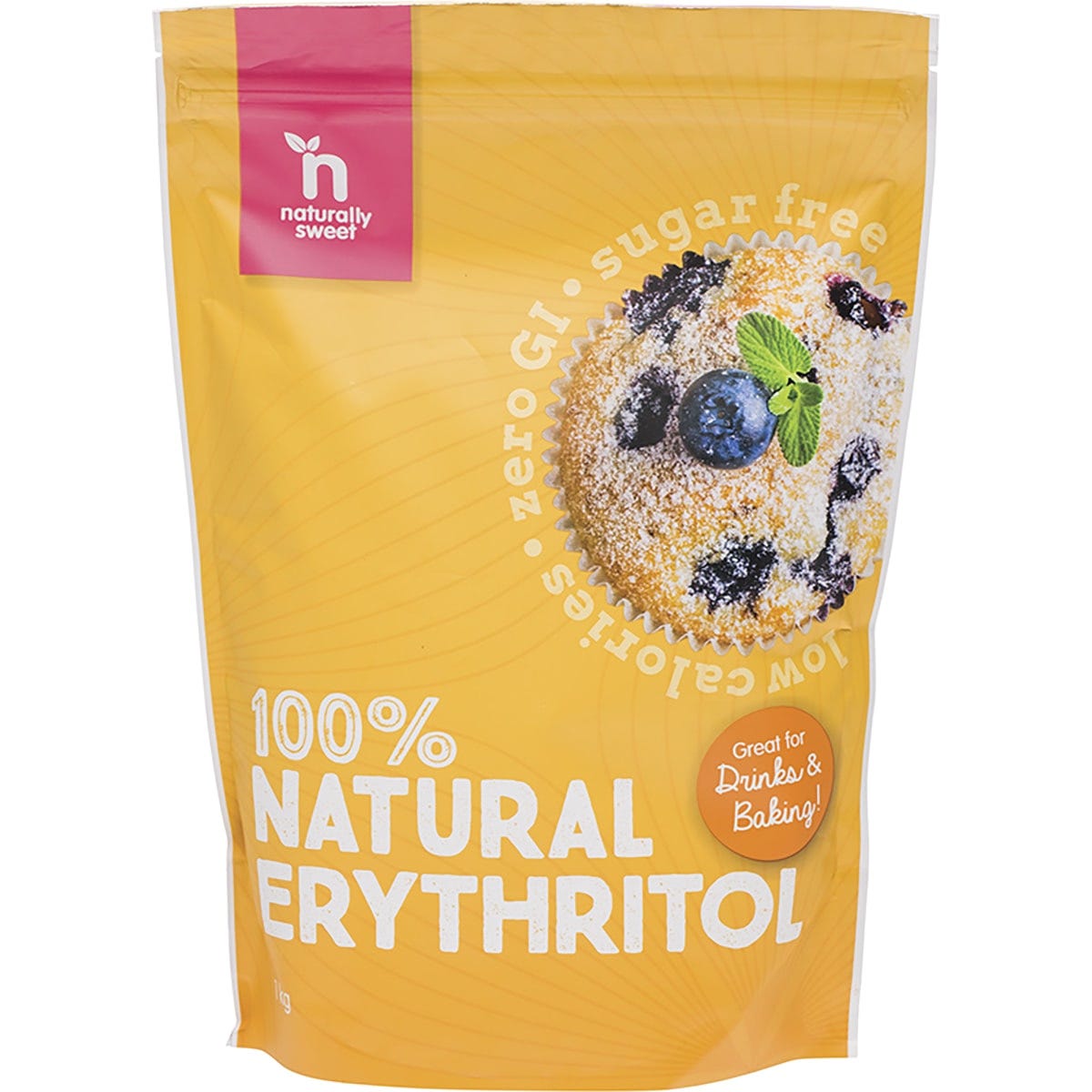 1kg bag of Naturally Sweet Erythritol, a natural 100% sugar-free sweetener, on a white background.
