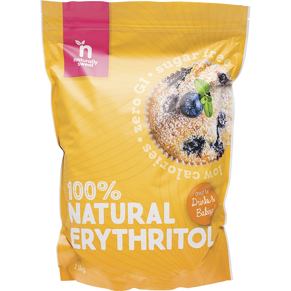 A 2.5kg bag of Naturally Sweet Erythritol, a calorie-free crystalline sweetener, on a white background.