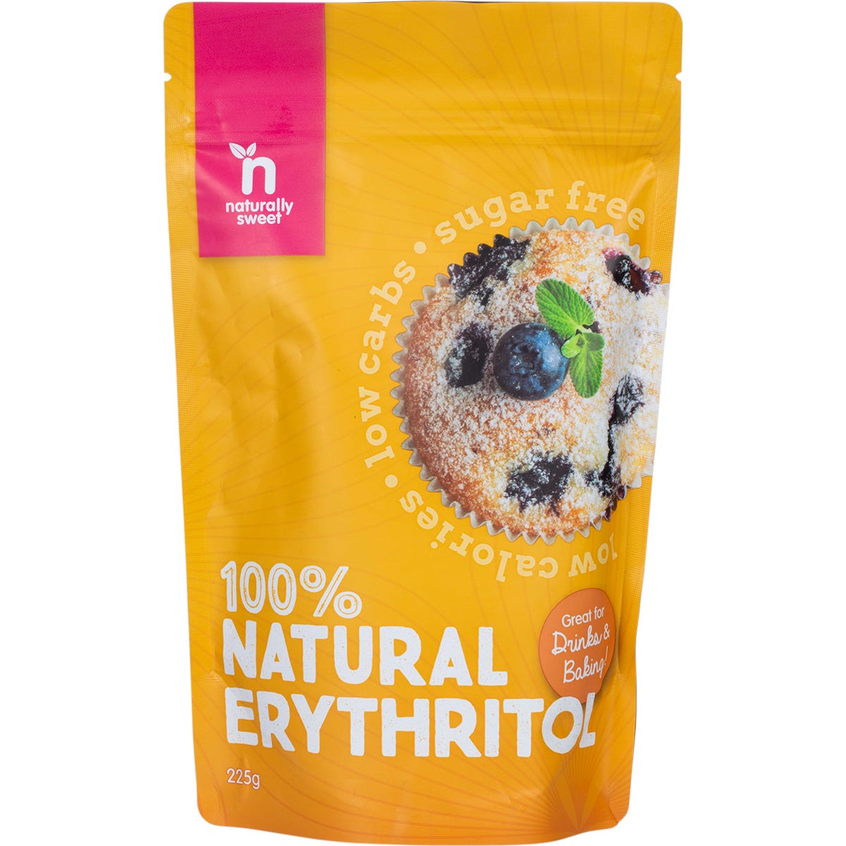 225g pouch of Naturally Sweet Erythritol, a natural zero-calorie sweetener, on a white background.