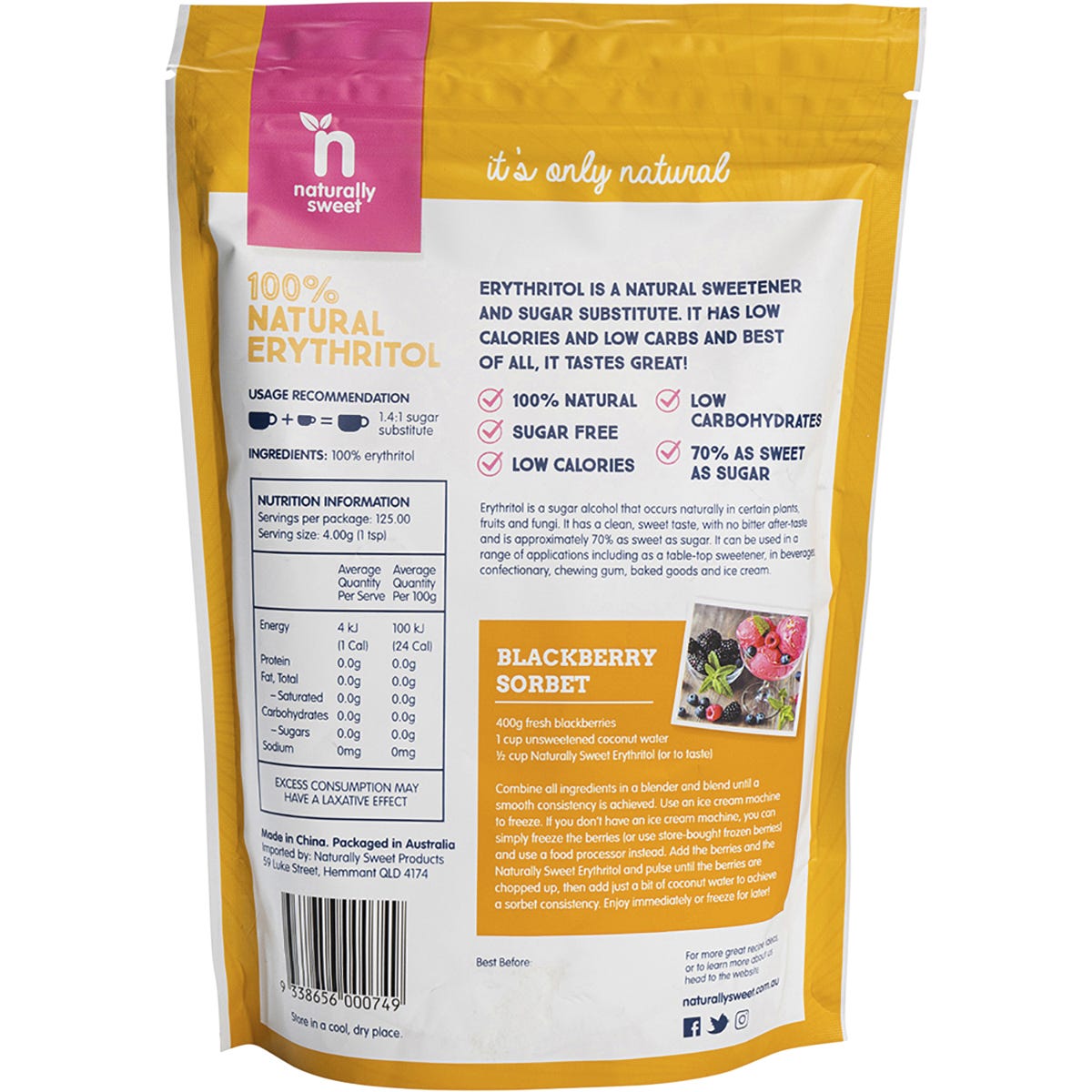 Naturally Sweet Erythritol 500g resealable pouch shown at an angle on a plain white background.