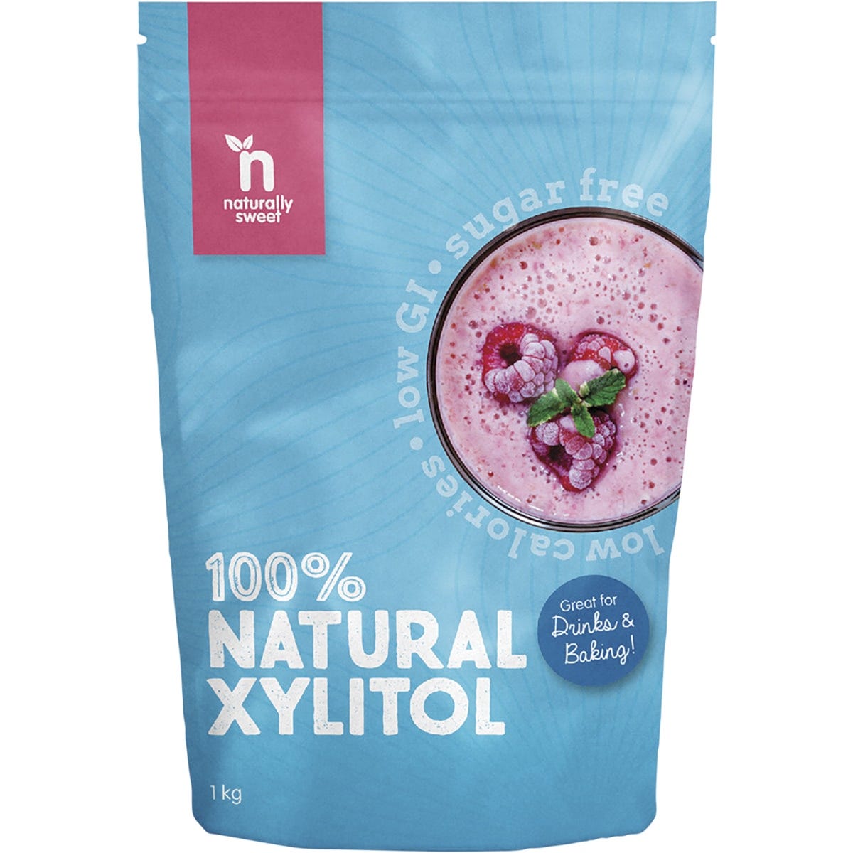 1kg bag of Naturally Sweet Xylitol, a 100% natural sweetener and sugar alternative in a resealable stand-up pouch.