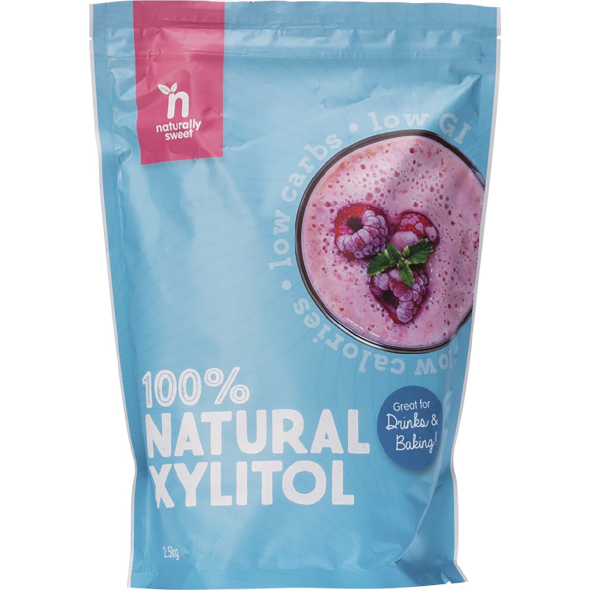2.5kg bag of Naturally Sweet Xylitol, a natural birch sugar substitute, on a plain white background.