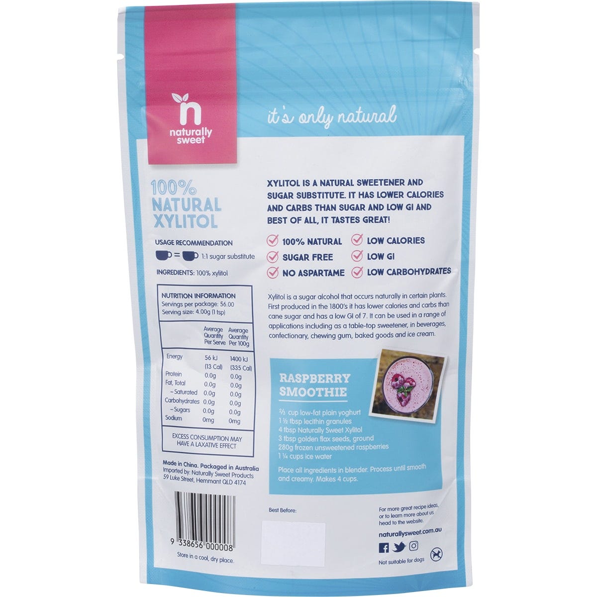 Naturally Sweet Xylitol 225g resealable pouch shown from the back with nutritional information and usage instructions.