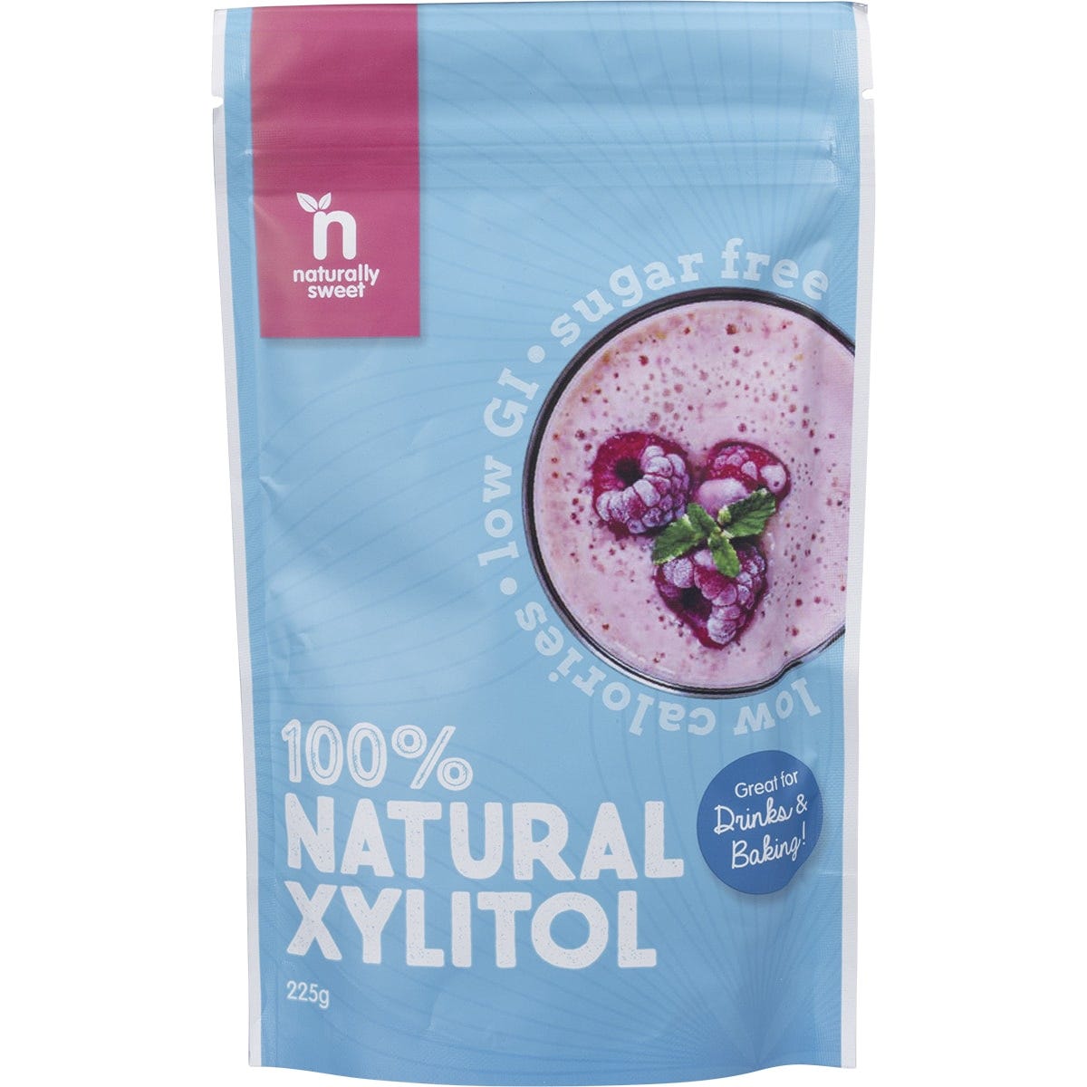225g bag of Naturally Sweet Xylitol, a 100% natural sugar substitute in a blue and white resealable pouch.