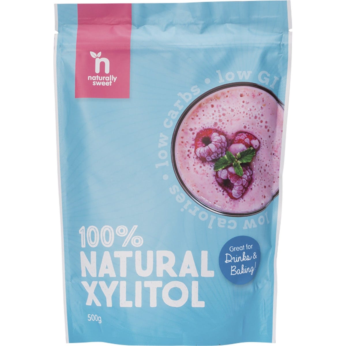 500g pouch of Naturally Sweet Xylitol, a 100% natural sugar substitute, on a white background.