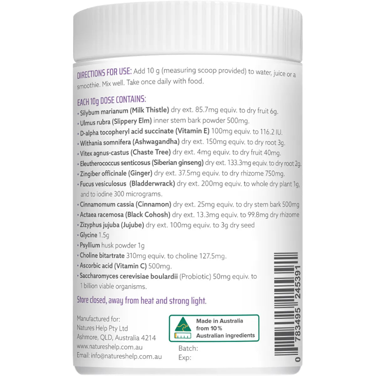 Side view of a 300g Nature's Help Fem Balance tub showing the ingredients list and nutritional information.