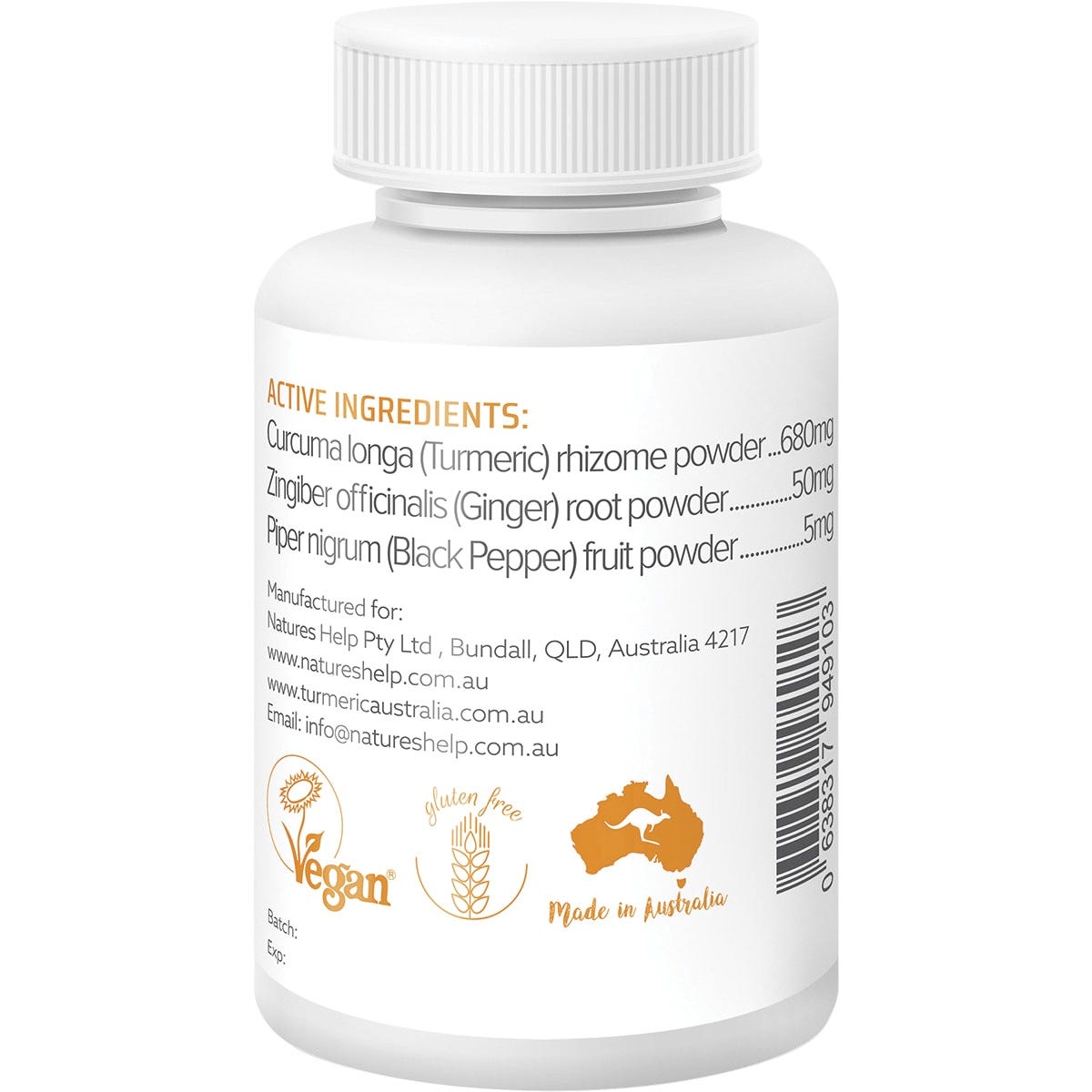 Side view of Nature's Help Organic Turmeric 120 capsules bottle showing organic logos and nutritional benefits.