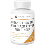 120 capsules of Nature's Help Organic Turmeric with Black Pepper and Ginger in a white bottle with a yellow label.