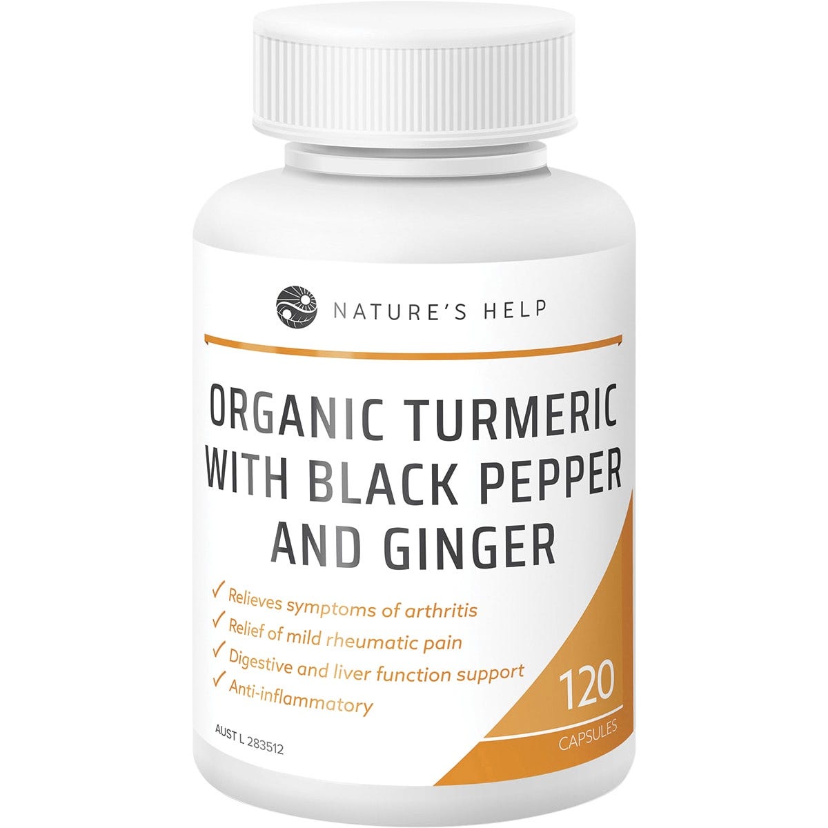 120 capsules of Nature's Help Organic Turmeric with Black Pepper and Ginger in a white bottle with a yellow label.