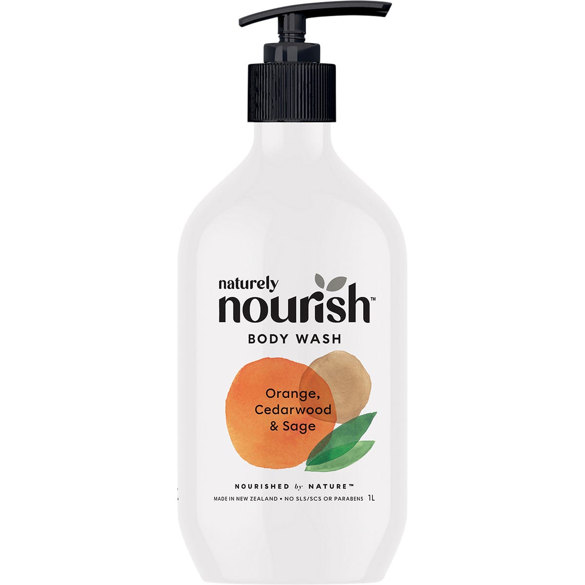 1L bottle of Naturely Nourish Body Wash in Orange, Cedarwood & Sage featuring botanical illustrations on a white background.