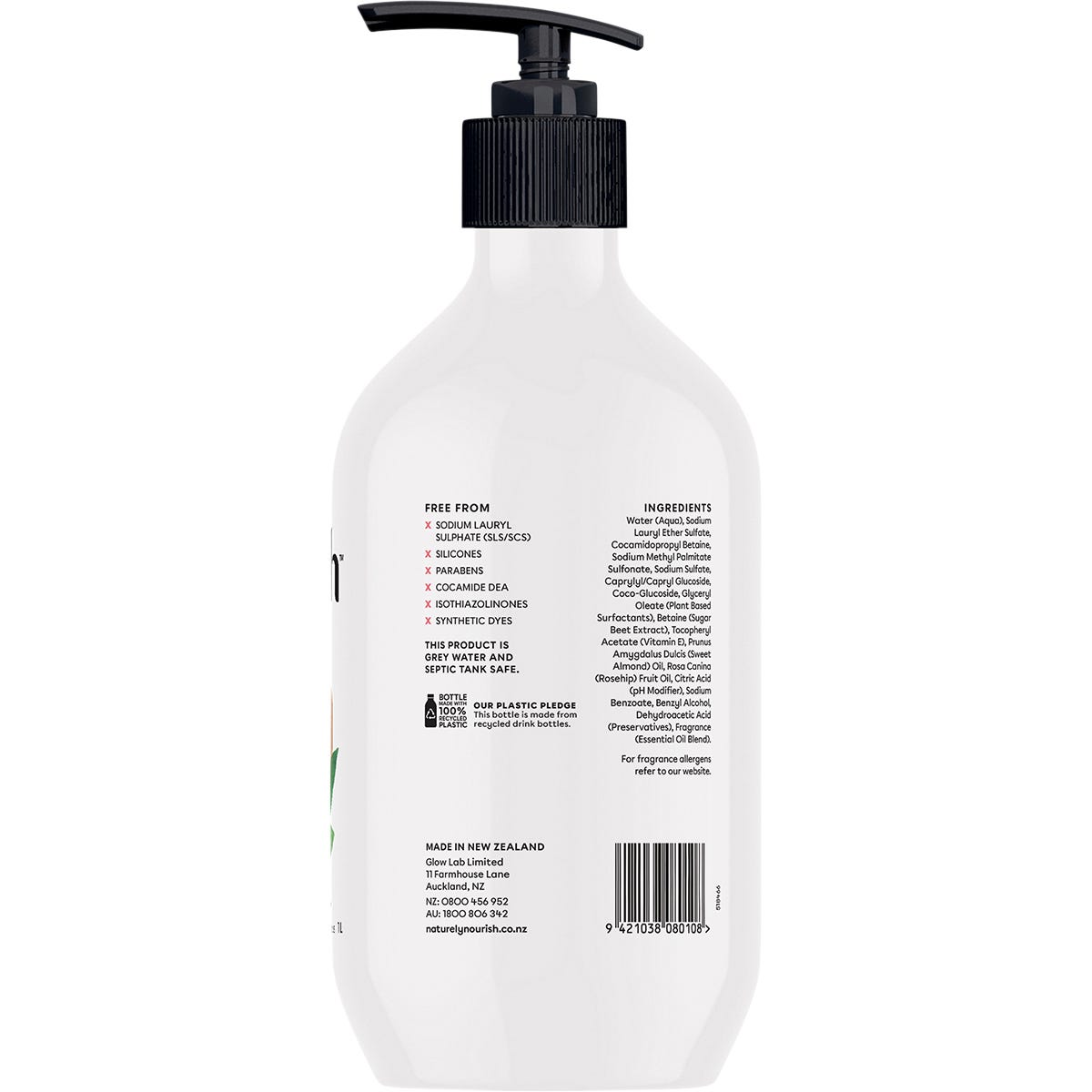 Back of Naturely Nourish 1L Rosehip & Almond Oil Body Wash bottle showing ingredients, directions, and plastic pledge.