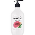 Naturely Nourish 1L Rosehip and Almond Oil Body Wash in a white pump bottle with botanical illustrations.