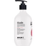 Naturely Nourish 1L Rosehip and Almond Oil Body Wash white pump bottle, showing product details and botanical art.