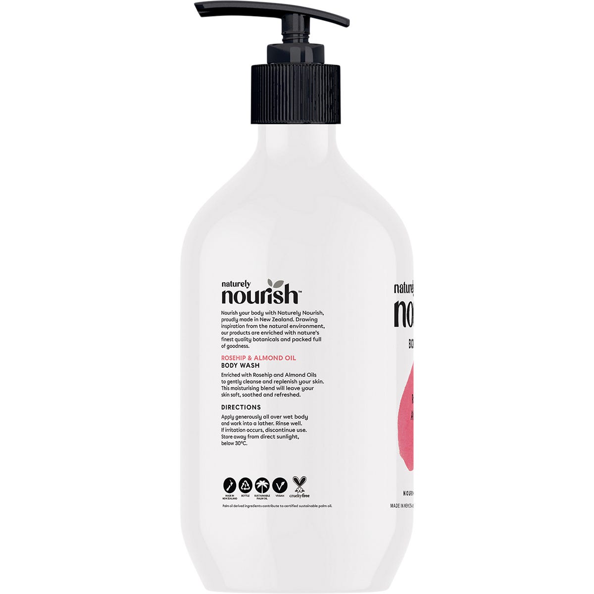 Naturely Nourish 1L Rosehip and Almond Oil Body Wash white pump bottle, showing product details and botanical art.
