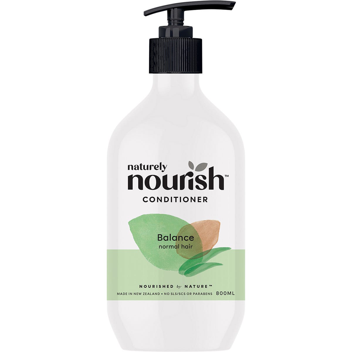 800ml bottle of Naturely Nourish Balance Conditioner for normal hair with coconut and sweet almond oils.