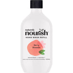 900ml refill bottle of Naturely Nourish Berry Blossom hand wash with pink floral label illustrations.