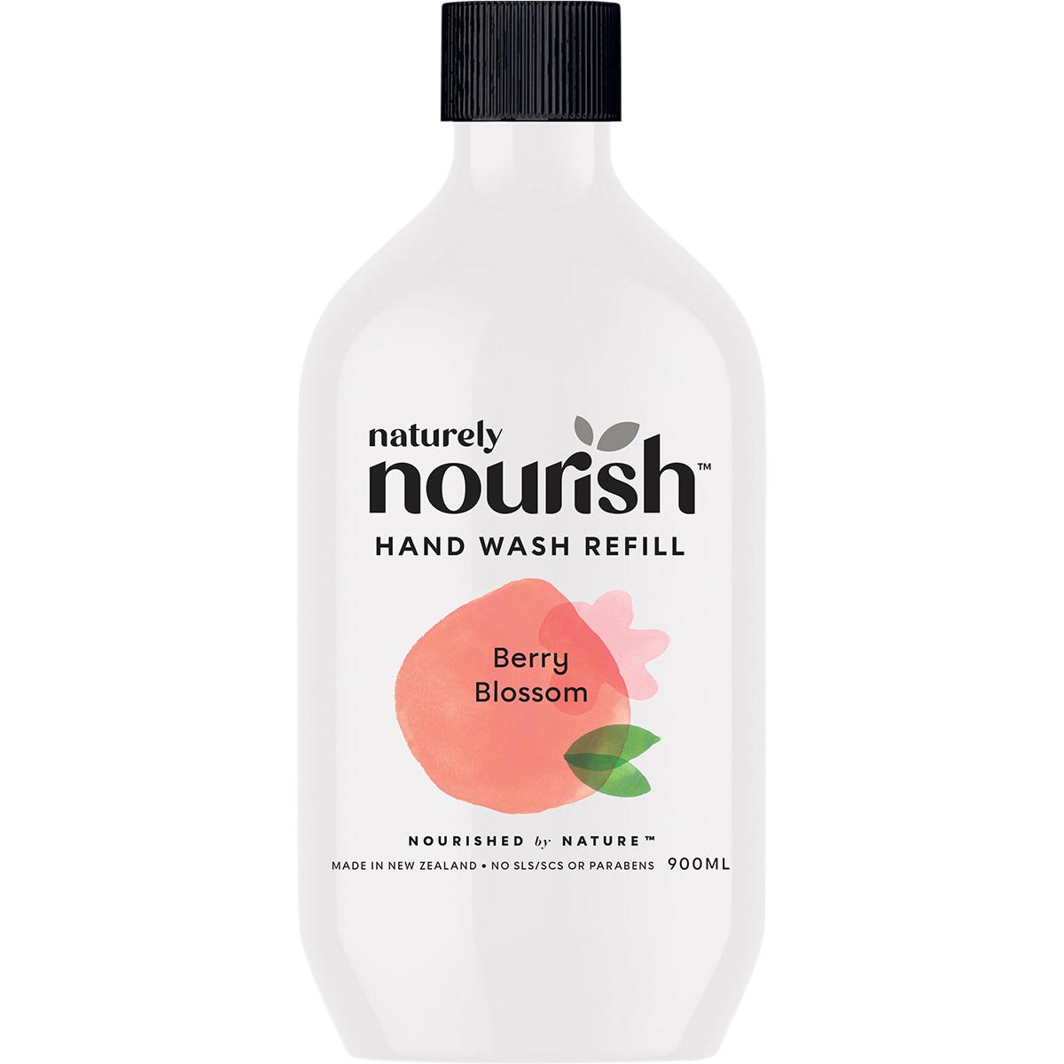 900ml refill bottle of Naturely Nourish Berry Blossom hand wash with pink floral label illustrations.