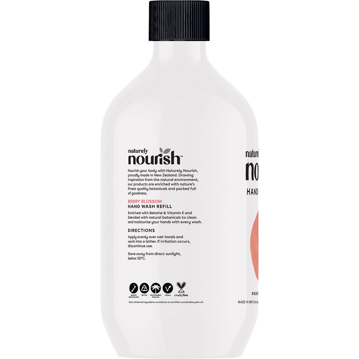 900ml refill bottle of Naturely Nourish Berry Blossom hand wash with a pink and white floral label.