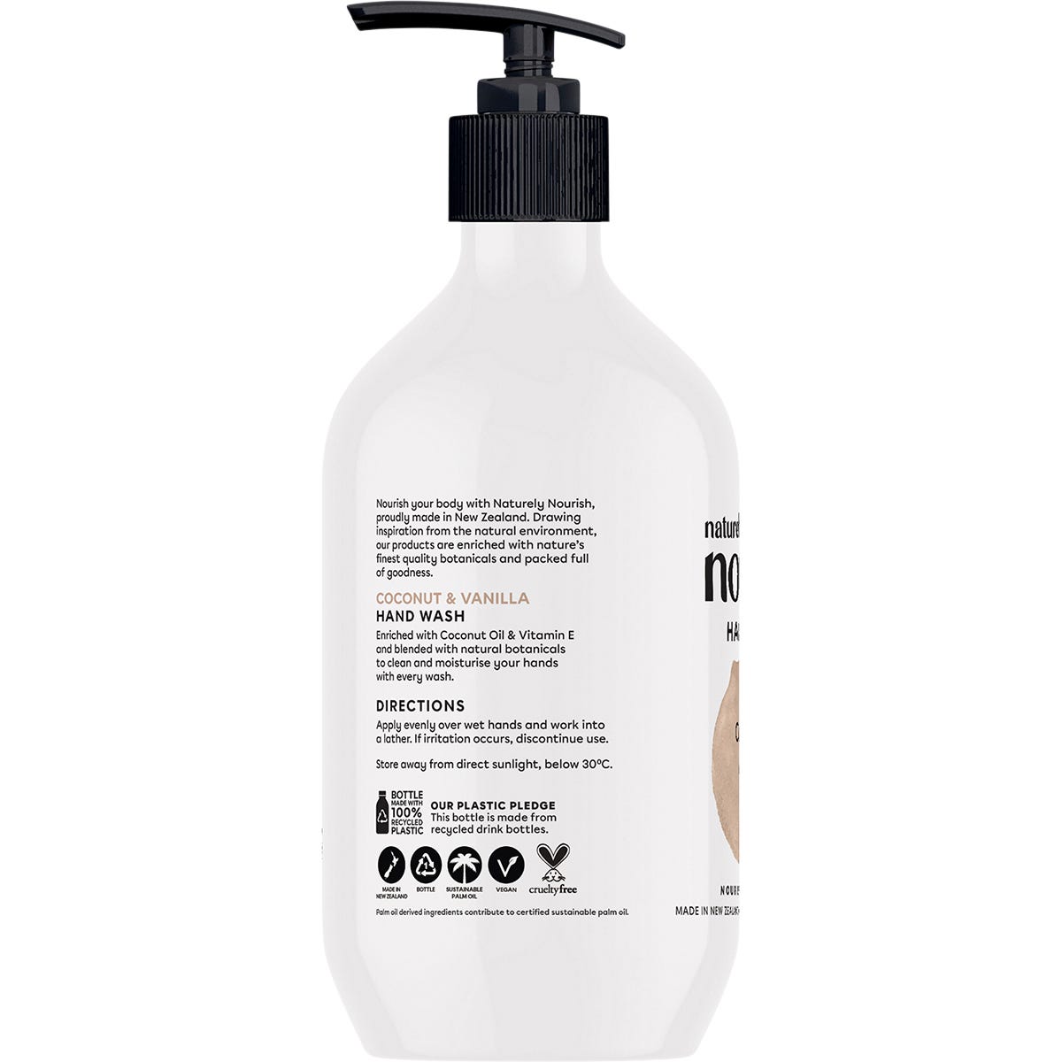 Naturely Nourish 450ml Coconut & Vanilla hand wash in a white pump bottle with botanical leaf illustrations.