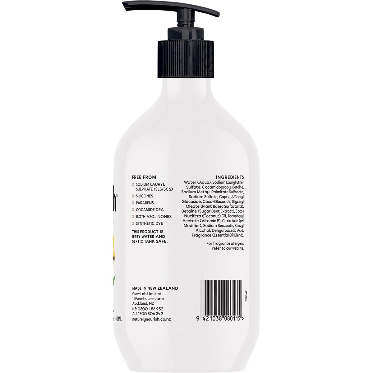 Back view of Naturely Nourish 450ml Coconut & Vanilla hand wash bottle showing ingredients and directions.