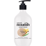 Naturely Nourish 450ml Coconut and Vanilla hand wash in a white pump bottle with botanical leaf illustrations.
