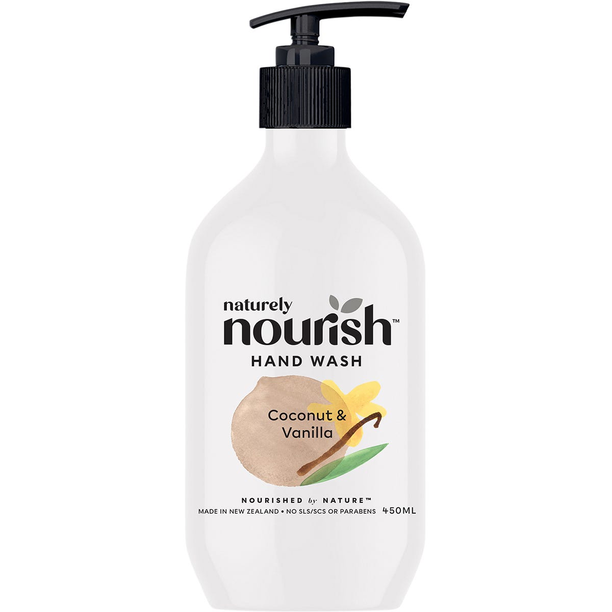 Naturely Nourish 450ml Coconut and Vanilla hand wash in a white pump bottle with botanical leaf illustrations.